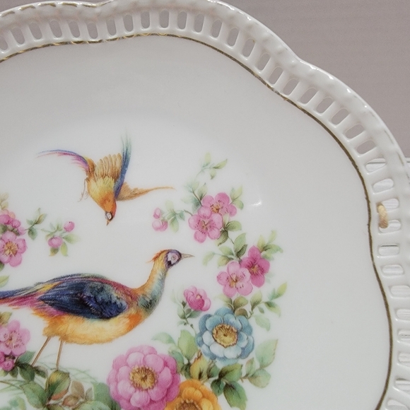 Bavaria Schumann Arzberg Germany Reticulated Plate Pheasants Pink Roses 5 1/2" - Picture 3 of 14